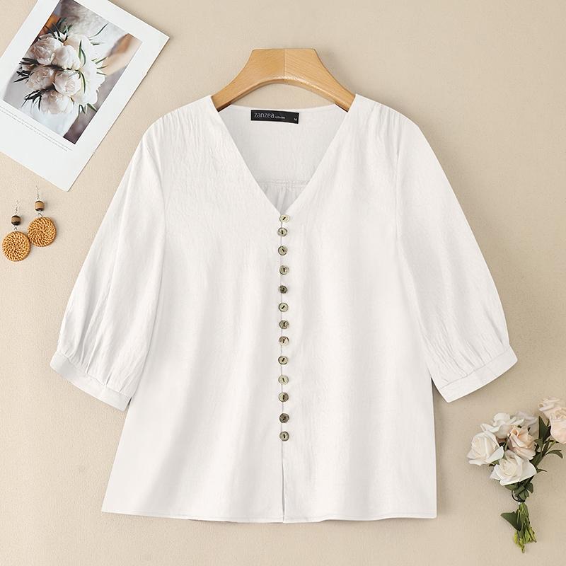 ZANZEA Women Casual V-Neck Solid Color Summer Half Sleeve Blouse