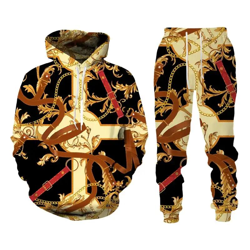 Fashion Luxury Golden Pattern Men Hoodie Sets 3D Print Sweatshirt Hooded Sweatshirt Oversize Sportswear Trousers Suit  Clothing