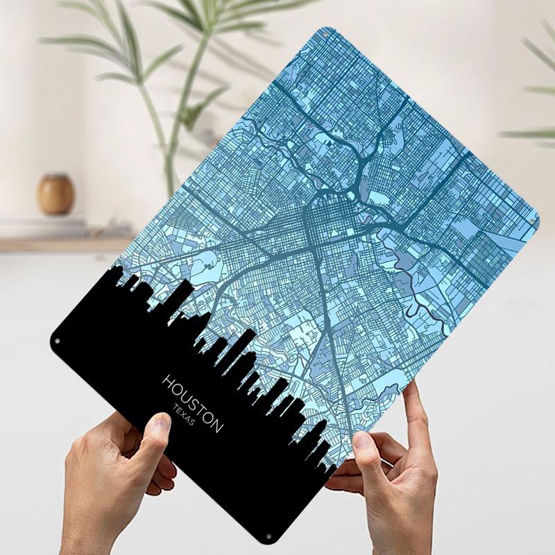 

Houston Texas Skyline Map Metal Poster Customized Wall Art Retro Vintage Tinplate Signs for Man Cave Bedroom Decorations House 20x30cm（7.8x11.8inch）