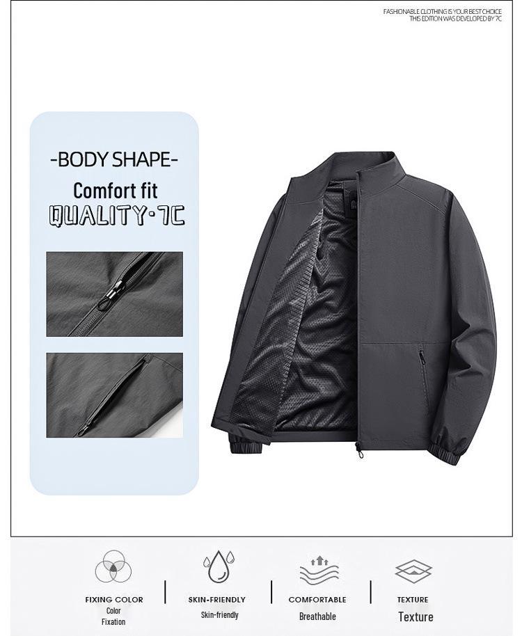 Męska Wiatroszczelna Wodoodporna Kurtka ze Stójką - Długi Rękaw, Luźny Krój, Jednolity Kolor na Wiosnę i Jesień