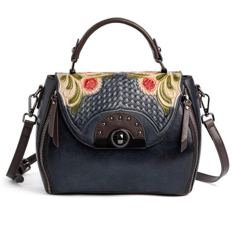 Johnature Retro preget førstelags kuskinn Dameveske Håndlaget Floral Hasp Handbag Fritid Skulder Messenger Bags