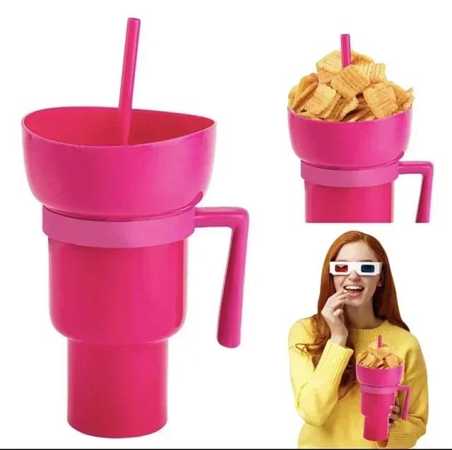 2In1 Snack Bowl Drink Cup with Straw Stadium Tumbler Water Bottle Straw Splash Proof Leakproof Portable Adults Kids Cinema Trip