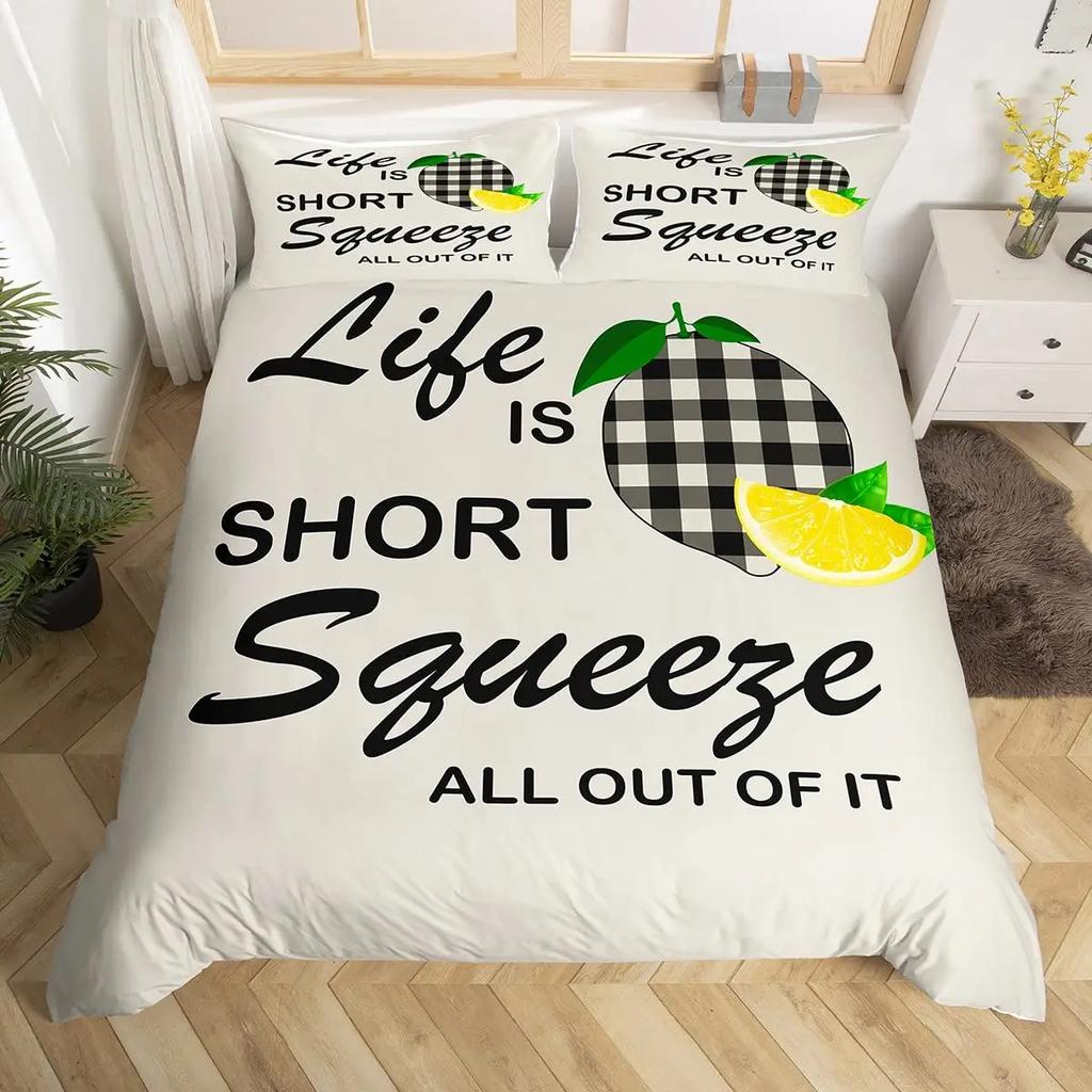 Lemon Duvet Cover Set,Bedding Set 3pcs for Teens Room,Botanical Natural Bright Yellow and Black Quilt Cover with 2 Pillowcases