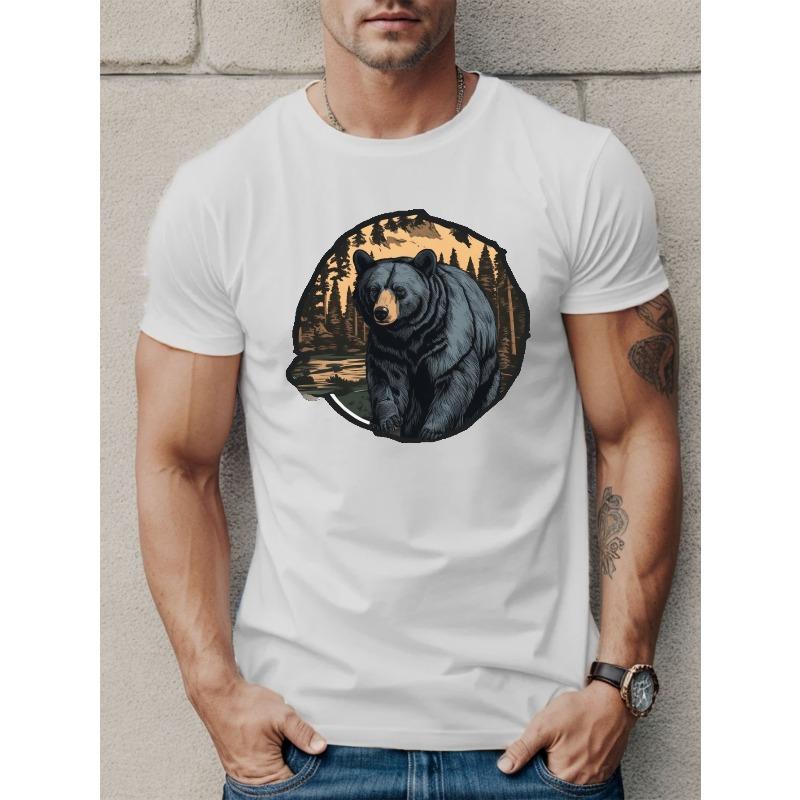 Męska koszulka casual z grafiką misia - Miękki poliester, Okrągły dekolt, Krótki rękaw, Można prać w pralce - Idealna na każdą porę roku