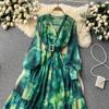 Women French Fashion Single Breasted V Neck Long Dress With Belt Summer Autumn Elegant Print A-line Robe Female Holiday Clothes