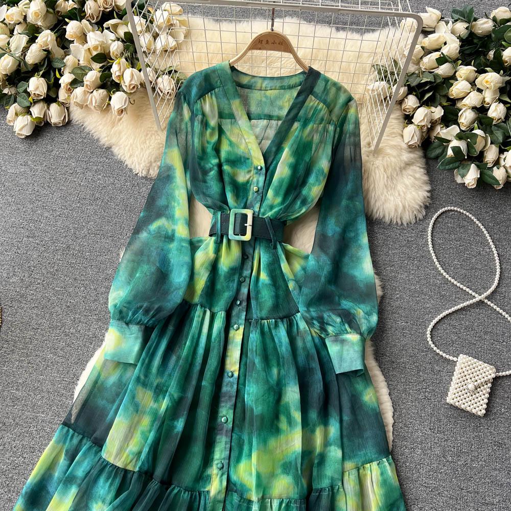 Women French Fashion Single Breasted V Neck Long Dress With Belt Summer Autumn Elegant Print A-line Robe Female Holiday Clothes