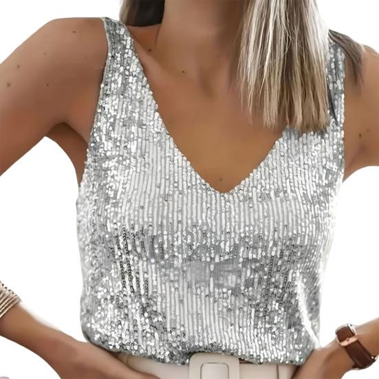 Women Vest Shiny Sequins Loose Fit Deep V Neck Sleeveless Tops Party Nightclub Stage Performance Camisole