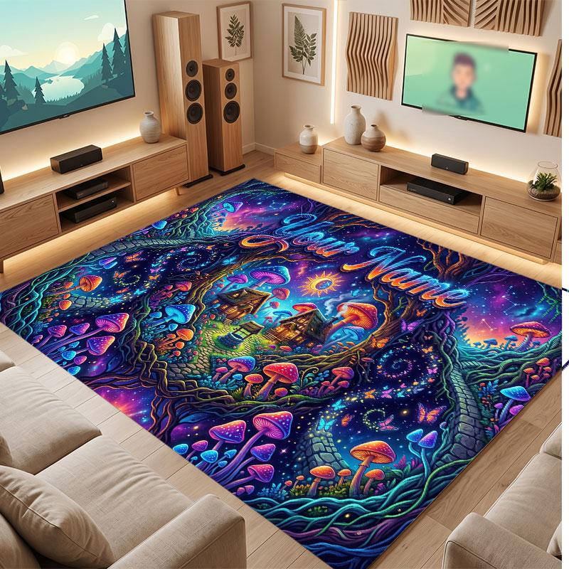 Mushroom Forest Theme Crystal Velvet Floor Rug Personalized Custom Name Text Warm Carpet Home Decoration