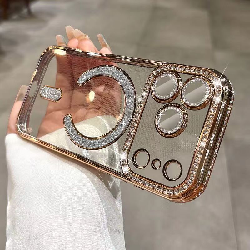 Flash drill magnetic attraction is suitable for iPhone17PROMAX mobile phone case, transparent electroplating with lens film, Apple 16 protective case.