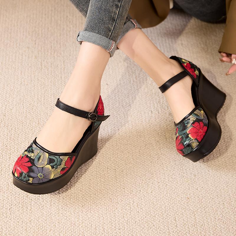 Fashion GKTINOO Retro Sandals 2025 Summer New Buckle Strap Closed Toe Genuine Leather Comfortable Thick Heels Women's Platform Shoes