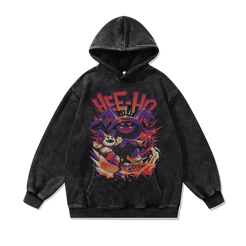 Japanese Dark Cartoon Digital Direct Injection Printing Hoodie Retro 430G Pure Cotton Loose Wash Sweater Men