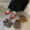 Fashion SUOJIALUN Autumn Women Flat Shoes Fashion Split Toe Slip On Loafer Shoes Flat Heel Soft Leather Casual Outdoor Shallow Ballerina