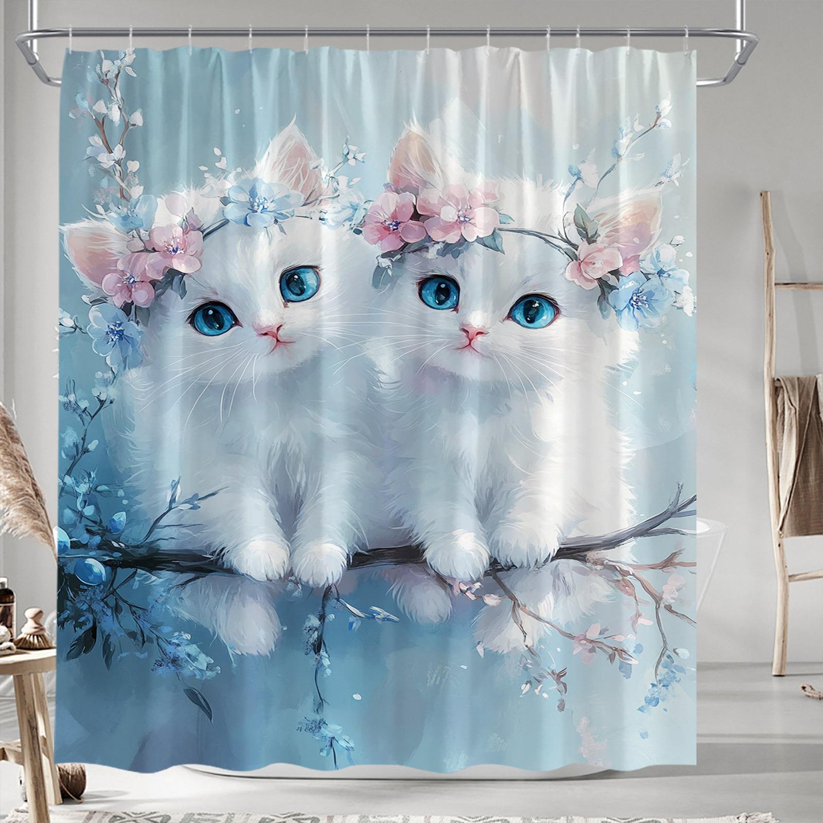 Kittens Curtain - Two White Kittens, Blue Eyes, Floral Crowns, Blue Flowers, Whimsical Art, 70.8In, 12 Hooks W90XH180cm