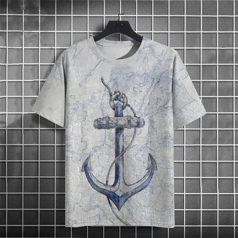 Retro Style Anchor Graphic Men T-shirt Street 3D Print Casual Fashion Stripe Short Sleeve T Shirts Summer Daily Trend Men's Tees