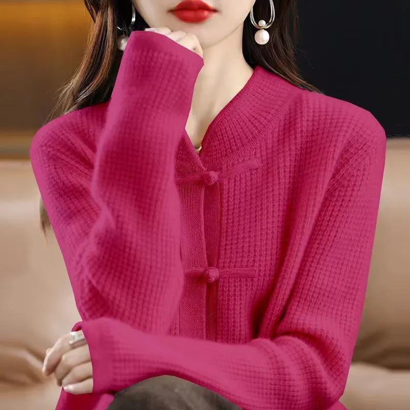 Podzim Zima Dámský Pletený Svetr Kardigan Kabát Stojáček Retro Spona Volný Národní Styl Svetr Bunda Dámský Top