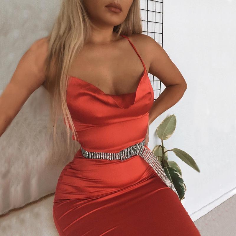 Summer Women's Sleeveless Satin Long Dress Elegant Bandage Backless Hollow Out Party Dress Sexy Vestidos For Special