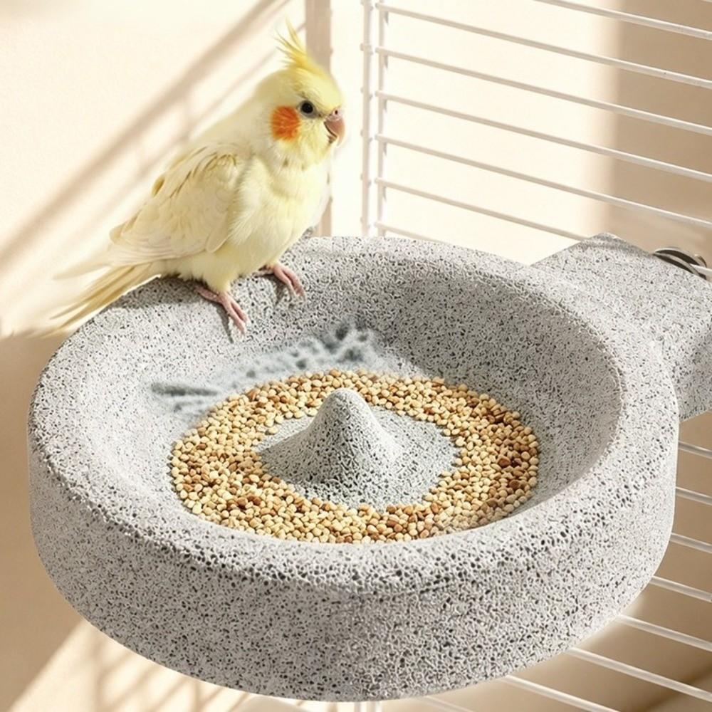 Round Bird Food Bowl Station Pole Anti-Spill Parrot Stone Bowl Cage Accessories