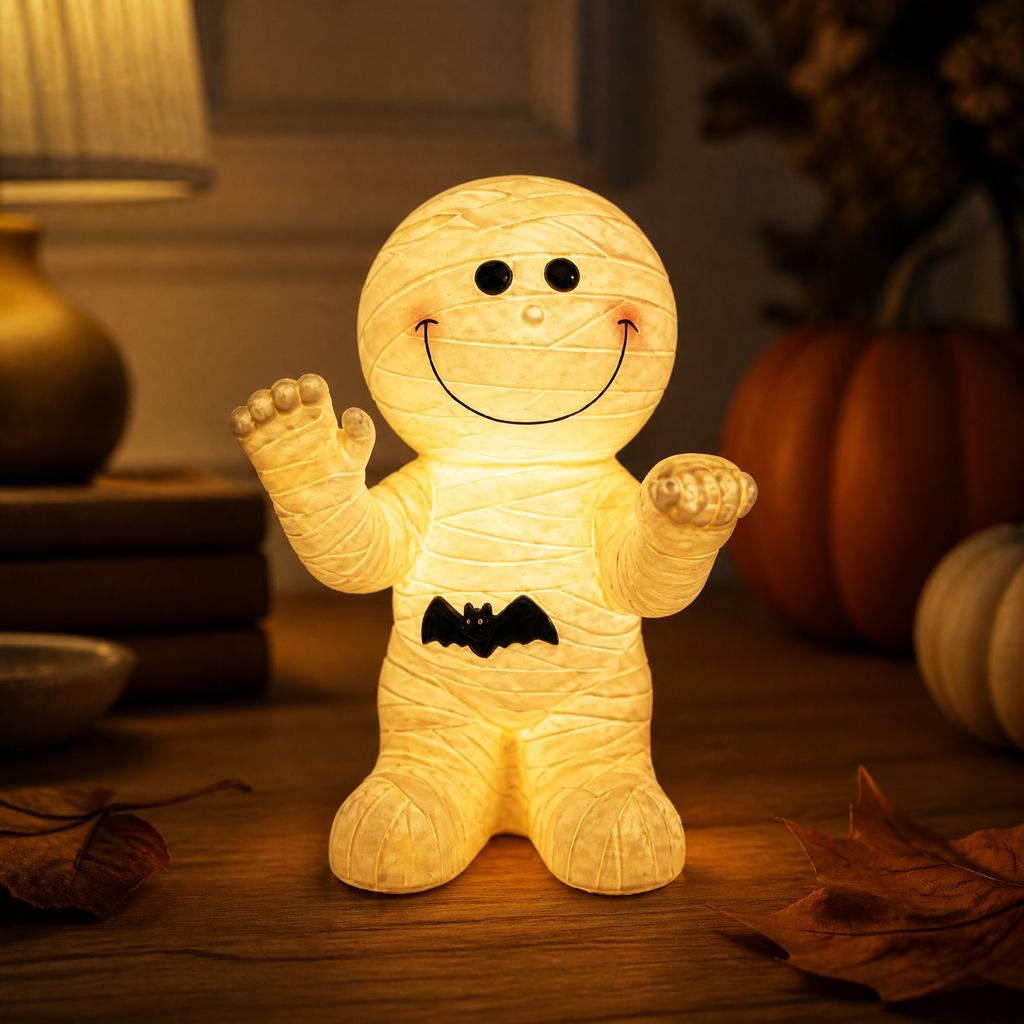 USB Powered Mummy Night Light Figurine Halloween Decorative Table Lamp with Soft Glow for Indoor Use