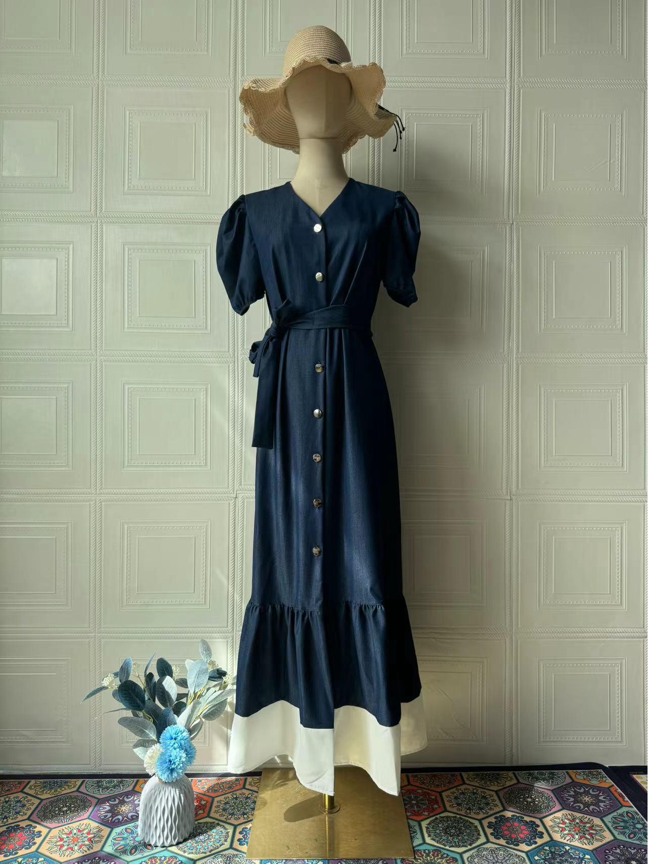 

Летнее ретро-платье из денима с оборками 2025 - Короткий рукав, свободный крой, на пуговицах, европейский и американский стиль XXL синий