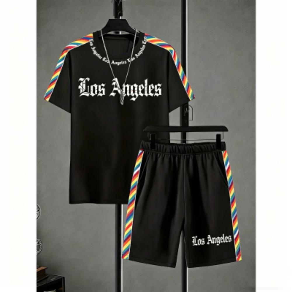 Men's Set Stripe Printed Men's T-shirt and Shorts 2 Piece Set Summer Casual Outdoor Men's and Women's T-shirt Sets