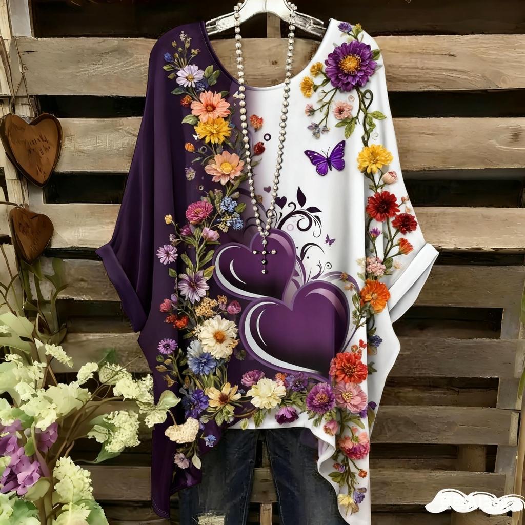Damen Elegantes Bohemian Zweifarbiges T-Shirt - Herz & Blumendruck Mit Schmetterling Damenbekleidung Trend 2025 Grafik T-Shirts