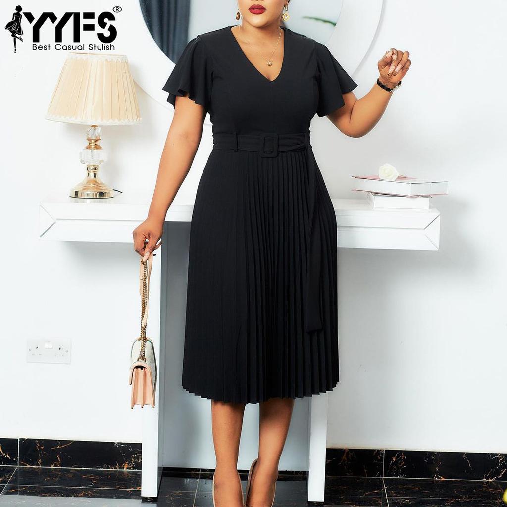 YYFS Moda damă vară primăvară culoare uni imprimeu mâneci scurte cu decolteu în V talie înaltă rochii casual