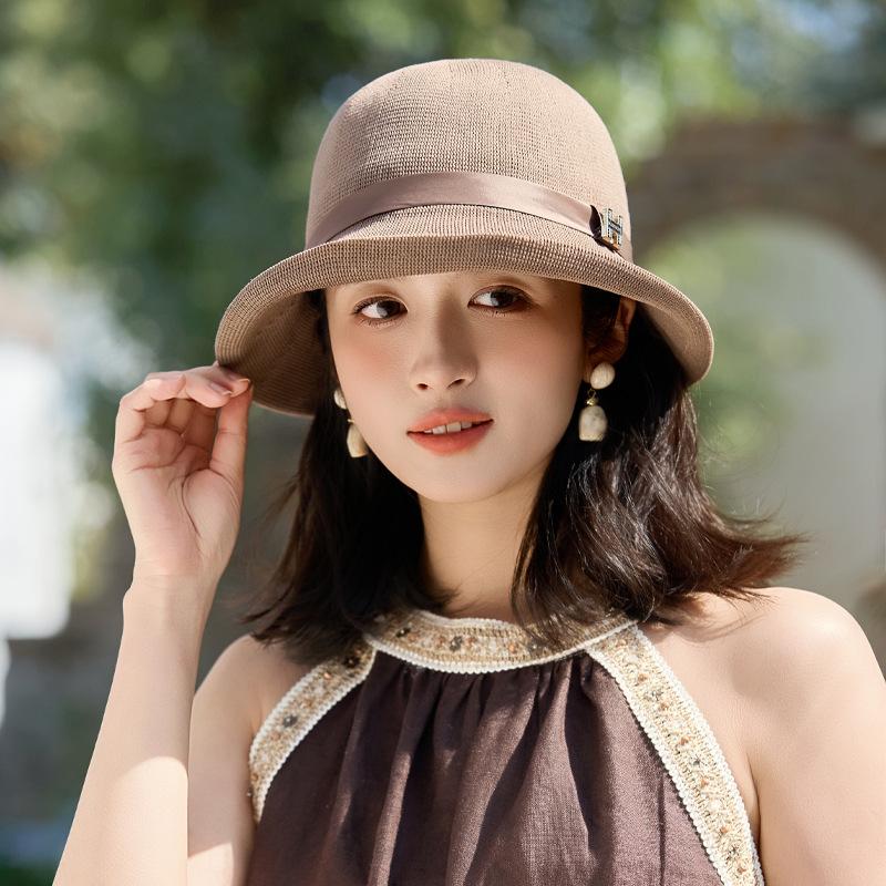 Korean Elegant Bucket Hat Fashion H Standard Uv Protection Women'S Knitted Basin Hat Outdoor Travel Sunshade Sun Protection Hat