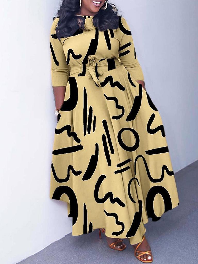 Women's 2024 Spring Lace-up Print African Plus Size Midi Dress