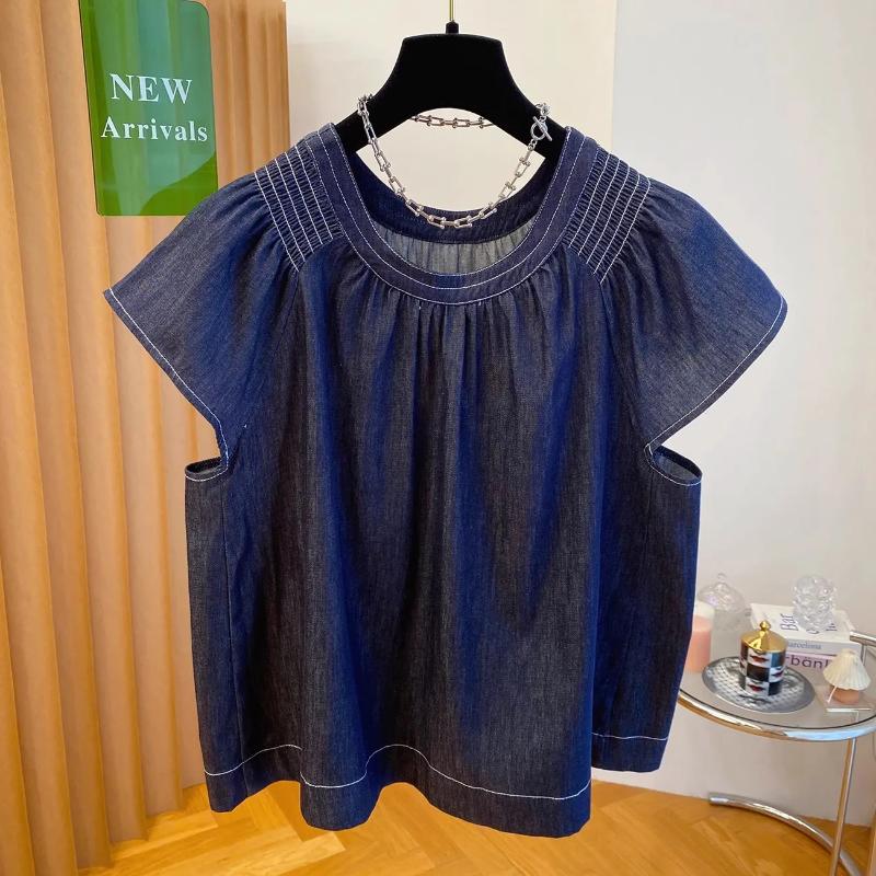 All Match Washed Soft Denim Shirt for Women's Summer New Style Loose and Lightweight Casual Small Shirt Small Fly Sleeve Top