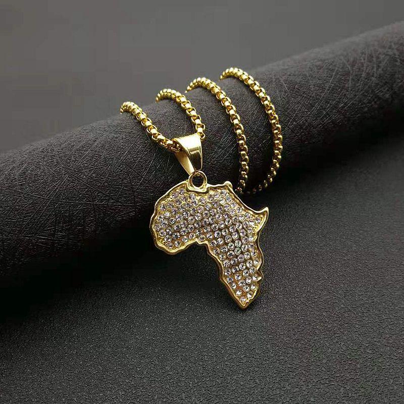 Africa Map Iced Out Chain Rhinestone Crystal Map Necklace Stainless Steel Africa Map Pendant Necklace for Unisex