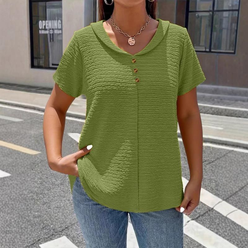 Camiseta Elegante Gola Boneca Tamanho Grande para Mulheres Cor Sólida Manga Curta Botões Plissados Tops Verão Solta Casual Simples Doce Camisa Roupa Feminina