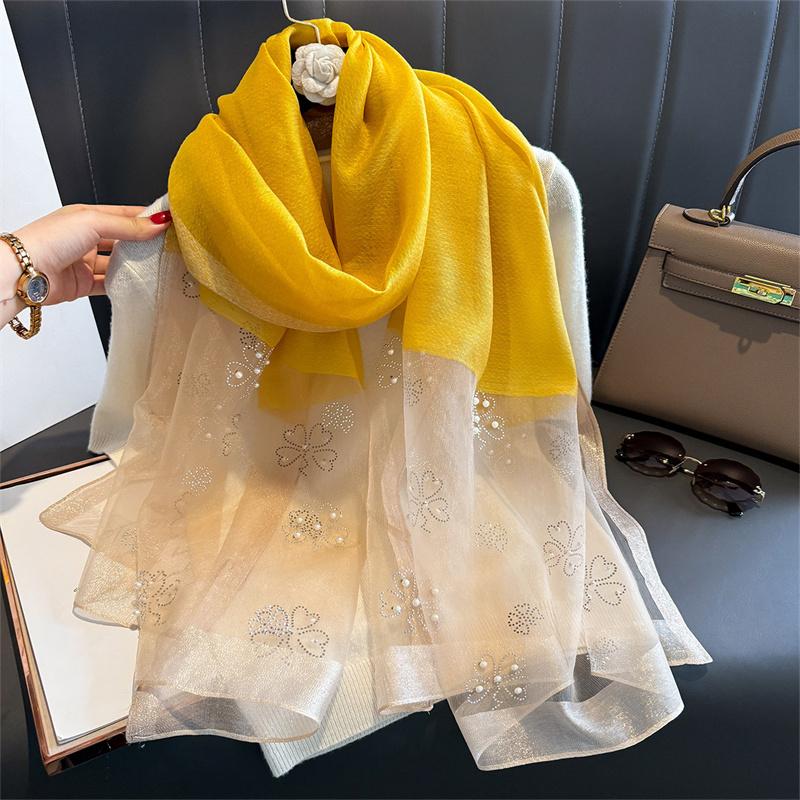 Luksuriøst skinnende blondeskjerf Silke Dame Hijab Myke ullsjal og omslag Stor blomst Tynne skjerf Foulard Kvinne Bufanda Ny