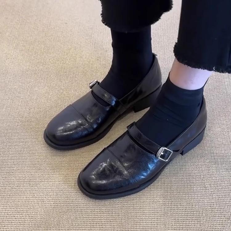 Spot cowhide version~ retro minimalist style round head small leather shoes women's belt buckle Mary Jane single shoes thick heel loafers