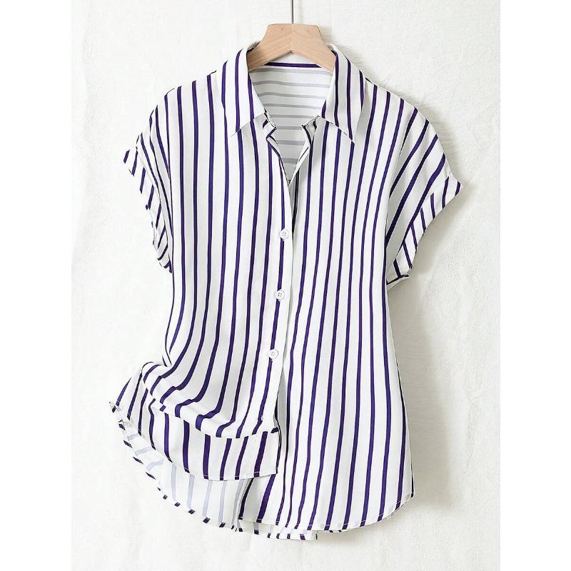 Damen S Gestreiftes Kurzarm Hemd mit Knöpfen Sommer Lässige Bluse