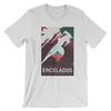 Enceladus Poster Print Men's T-Shirt from NASA. Space Travel. Ringspun Soft Cotton Tee. Sizes S-3X. Available In Black, Red, White, or Gray.