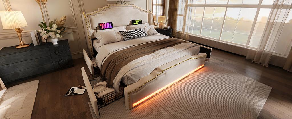 Upholstered Bed 140×200, Double Bed with 4 Drawers, LED Lighting USB-C Charging Port, Youth Bed with Slatted Base, Velvet, Beige, Without Mattress