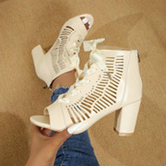 Women's Chunky Heel Peep Toe Cutout Backless High Heel Sandals with Hook & Loop Back Zipper