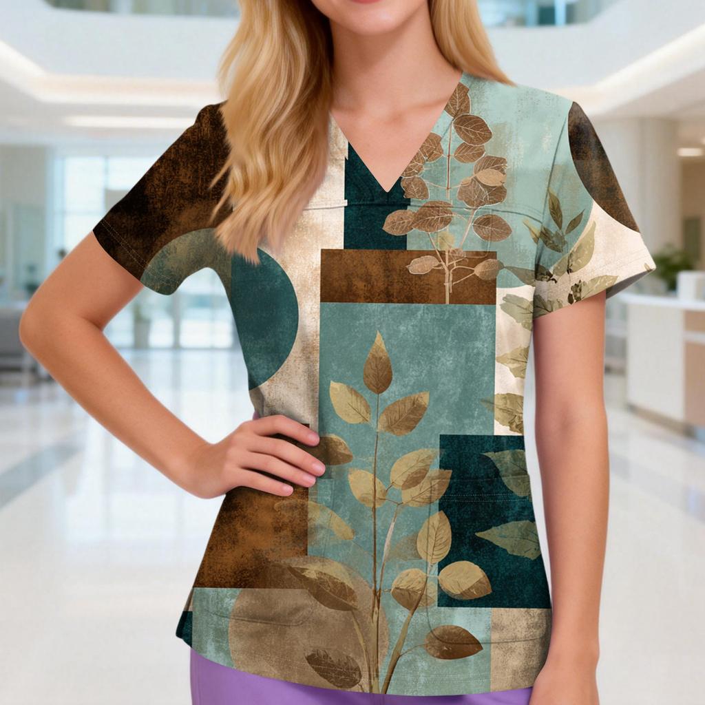 Damen V-Ausschnitt Drei-Taschen Kurzarm Retro-Print Uniform/Pflegekraft Oberteil Mit Schlitzen Am Saum