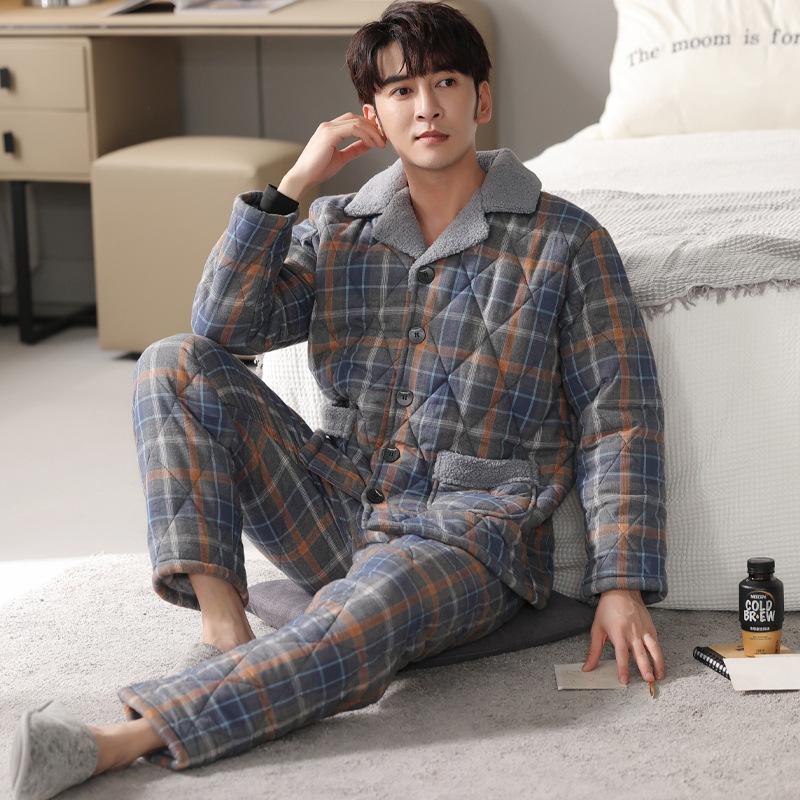 Pajamas Men'S Winter Three-Layer Thickened And Velvet Woven Pure Cotton Padded Autumn And Winter Mid-Dad Warm Loungewear
