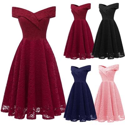 New Women Embroidery Vintage Lace Dress Off the Shoulder Short Sleeve Casual Evening Elegant