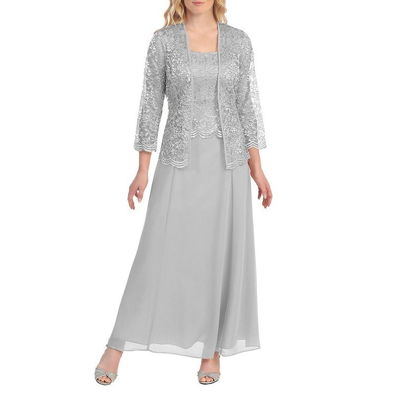 New Women Lace Cardigan and Chiffon Maxi Skirt Two-piece  Ladies Fashion Long Chiffon Dress Mother of Groom Dress with Lace Long Sleeve