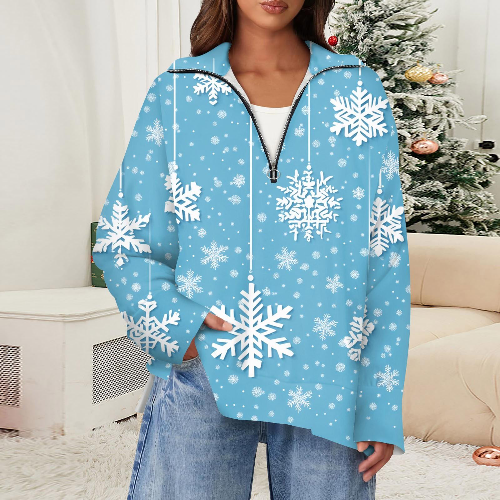 

Женский повседневный свитер с полумолнией и лацканами со снежинками и разрезом сверху по бокам, модная одежда M