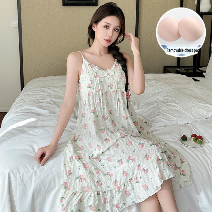Sommerliches koreanisches Nachthemd aus gewebtem Krepp mit Brustpolstern – süß, dünn, reine Baumwolle für Damen