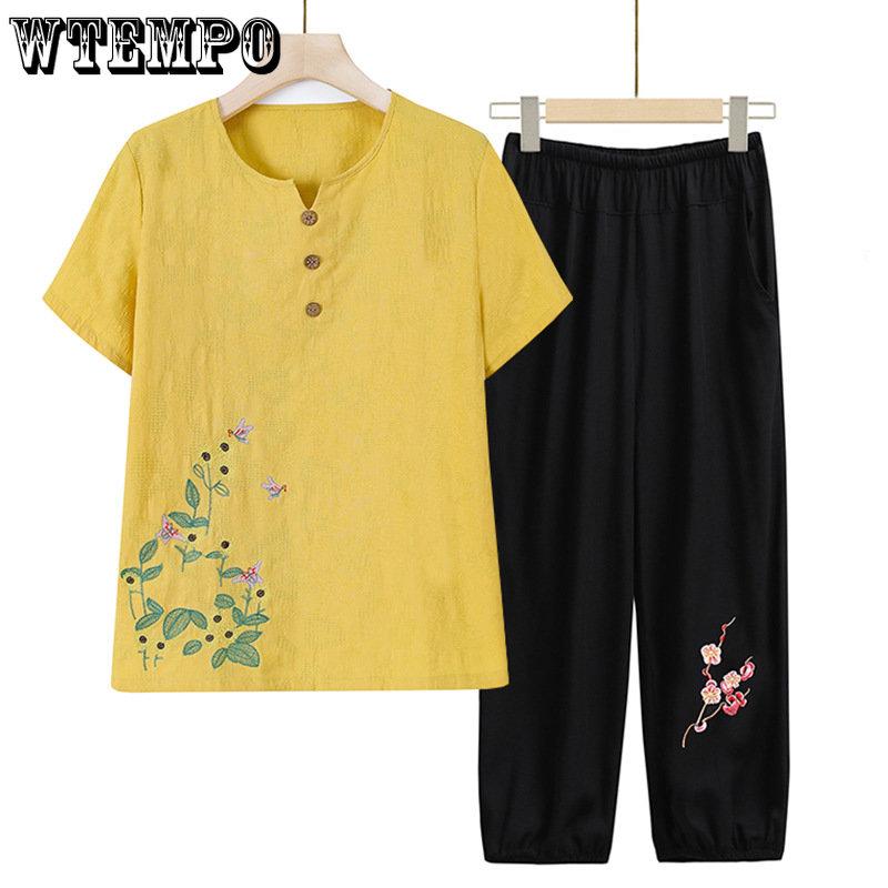 

Летний костюм с короткими рукавами для мамы, комплект из двух предметов для взрослых и пожилых людей, хлопок и лен, футболка большого размера, повседневный брючный костюм 5XL жёлтый