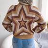 Women Y2K Autumn Winter Contrast Star Long Sleeve Pullover Sweater O Neck Knitted Tops