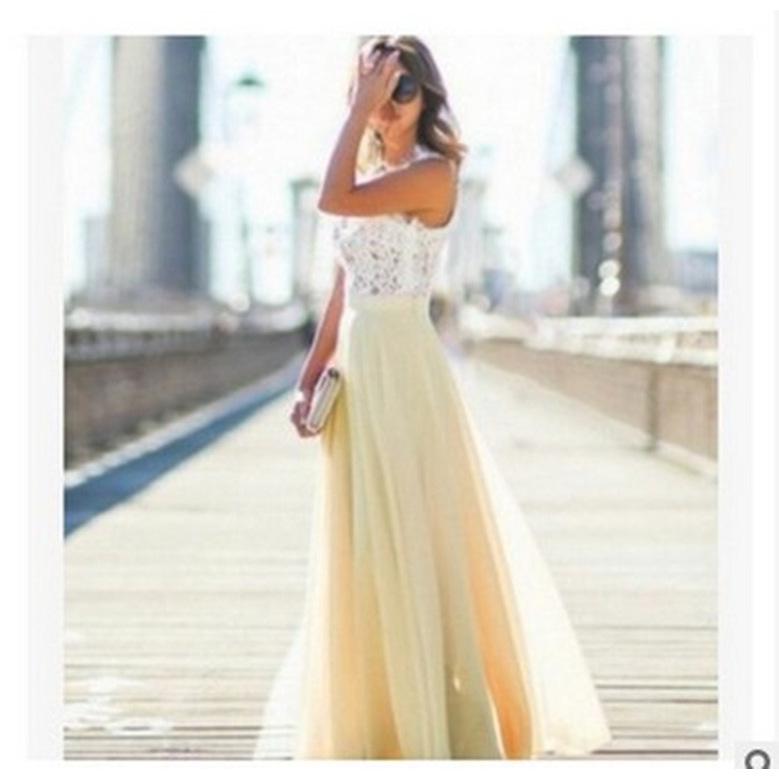 European and American Lace-Spliced Chiffon Evening Gown - Super Long, Available In 5 Colors and 5 Sizes