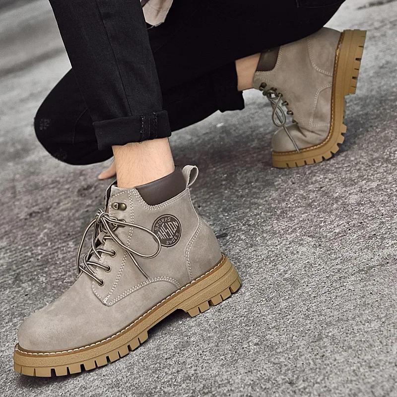 Fashion Warm New Plush Fur Winter Man Brand Yellow Outdoor Lace Up Cowboy Boots Leather Motocross Boots Fashion Non-Slip Men Ankle Boots