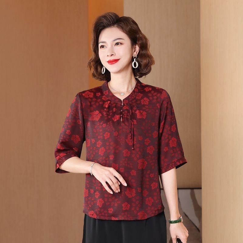 Chinese Summer Chiffon Shirt Mid-sleeve Stand Collar Middle-aged and Elderly Women's New Summer Small Shirt Loose Top