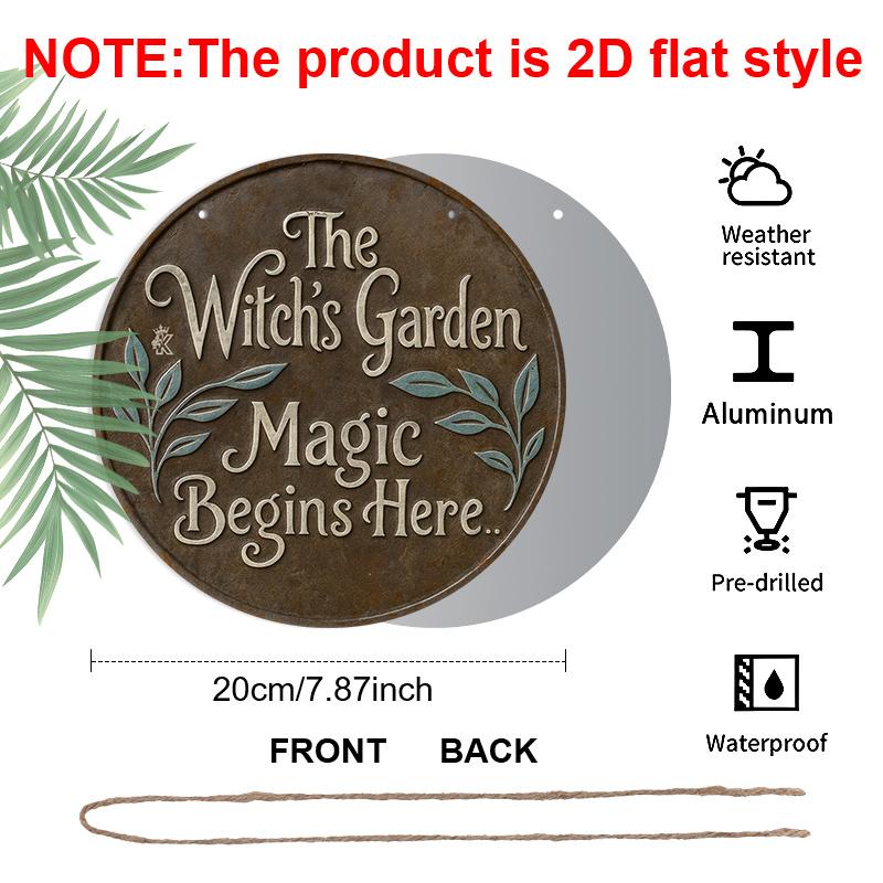 2D Flat, 1pc Round Aluminum "The Witch's Garden Magic Begins Here" Metal Sign, Vintage Rustic Bronze Effect Wall Plaque, Witchy Botanical & Mystical