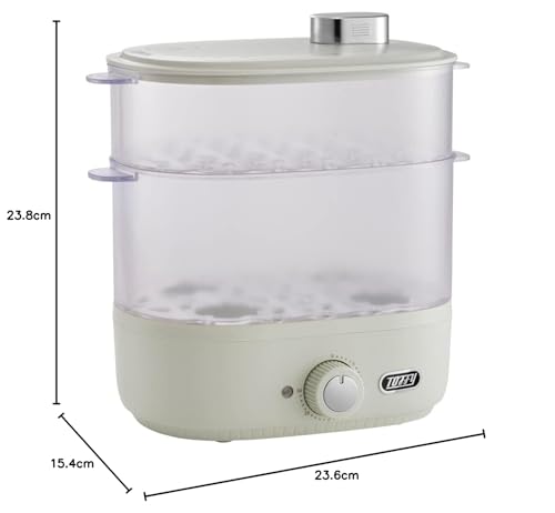 Toffy Compact Food Steamer K-FS1, Steams Food, Healthy, Simultaneous Top and Bottom Cooking, Timer, Cooking Cup, Boiled Eggs, Baby Food, Ash White (K-